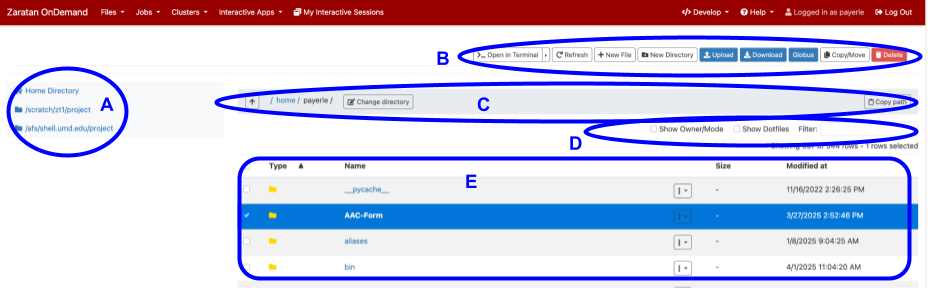 Various sections of the File Manager screen